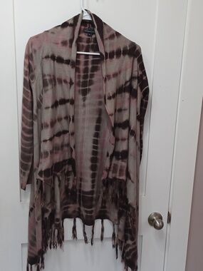 Tie Dye India Bohemian Fringe Tassle Waterfall Assymetric Cardigan Sweater Med